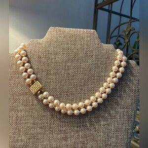 Vintage 1950s  glass iridescent double strand box clasp faux pearl necklace